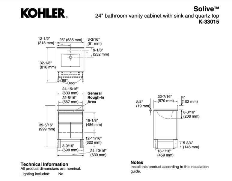 Kohler Solive Bathroom Vanity with Sink and Quartz Top in Oak