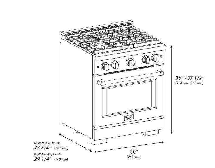 Zline 30 in. 4 Burner Freestanding Gas Range & Convection Gas Oven in Black Stainless Steel