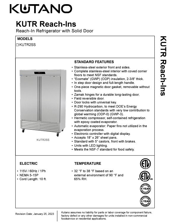 Kutano 2-Door Reach-In Refrigerator, 49 cu ft, Stainless Steel
