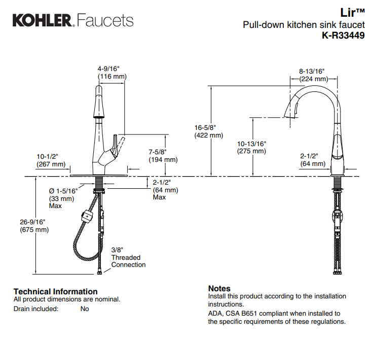 Kohler Lir Pulldown Kitchen Faucet
